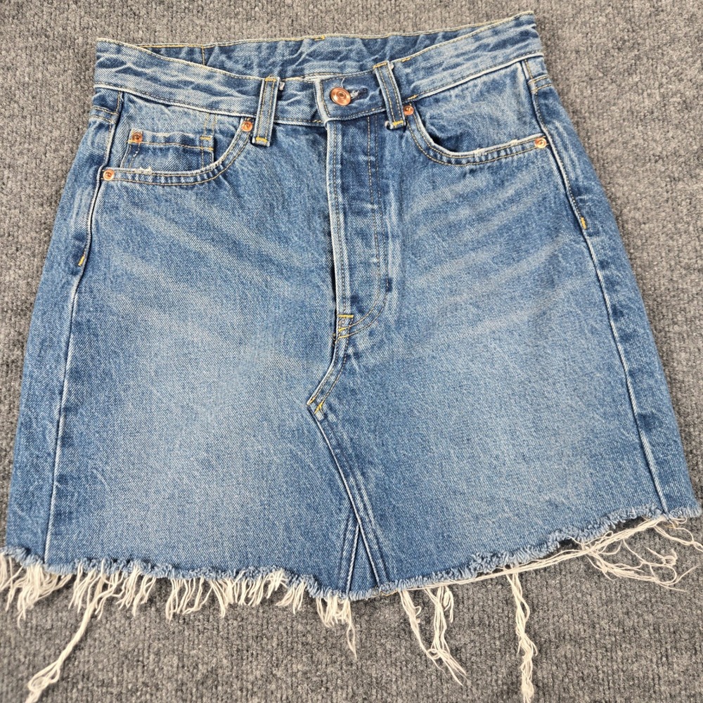 H&M Denim Mini Skirt Womens 4 Blue Raw Hem High Waisted Button Fly (B11)
